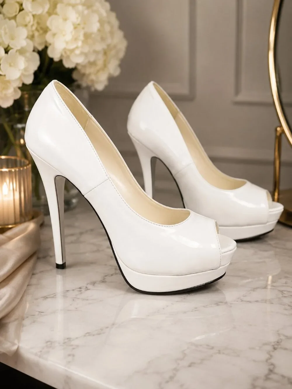Bordello White Patent Peep Toe Platform Stiletto Heels Size 6